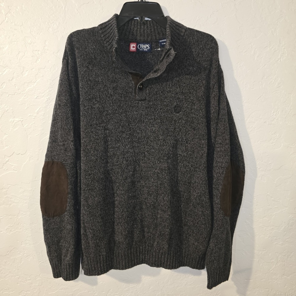 Chaps Ralph Lauren Sweater Mens L Elbow Patches Thick Cotton Pullover Gray